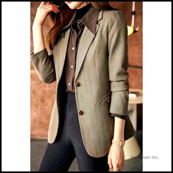 Wool Blend Notched Lapel Herringbone Blazer Slim Fit Single Breasted - Picture 2 of 6